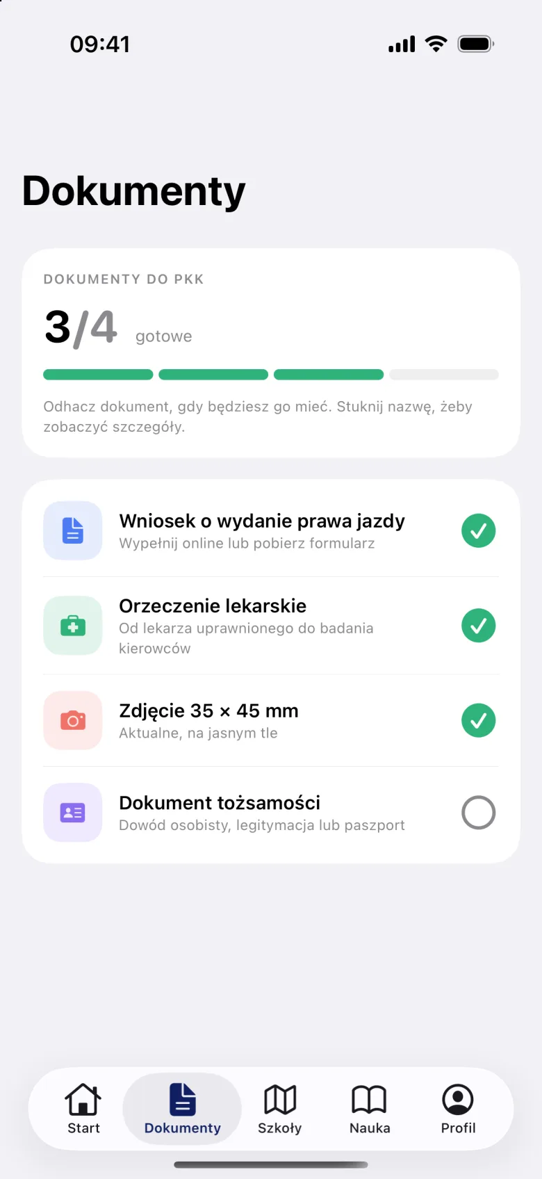 Ekran Dokumenty: lista dokumentów do PKK do odhaczenia