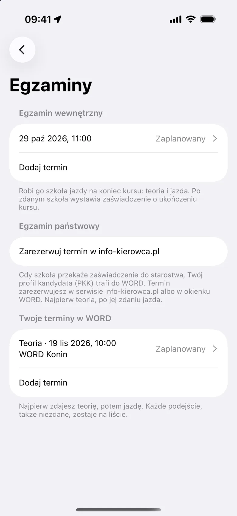 Ekran Egzaminy: egzamin wewnętrzny i terminy w WORD z wynikami